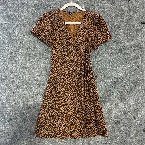 Madewell Mini Dress XS Wrap Leopard Print Brown Flutter Short Sleeve - Picture 1 of 12